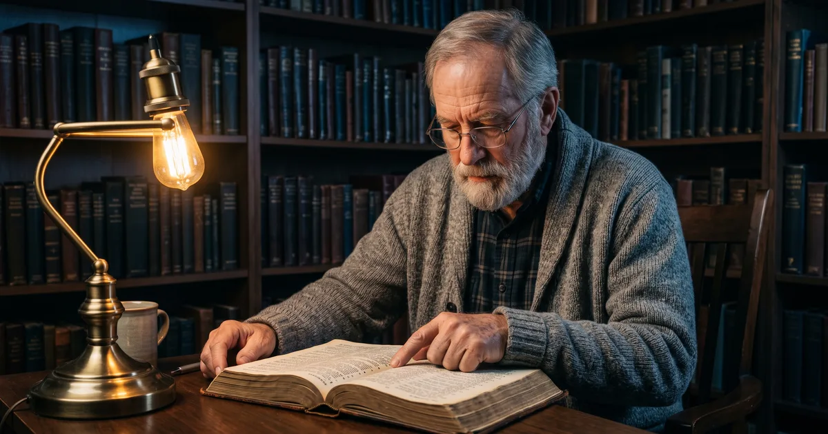 Hombre mayor barba biblia abierta leyendo la Biblia