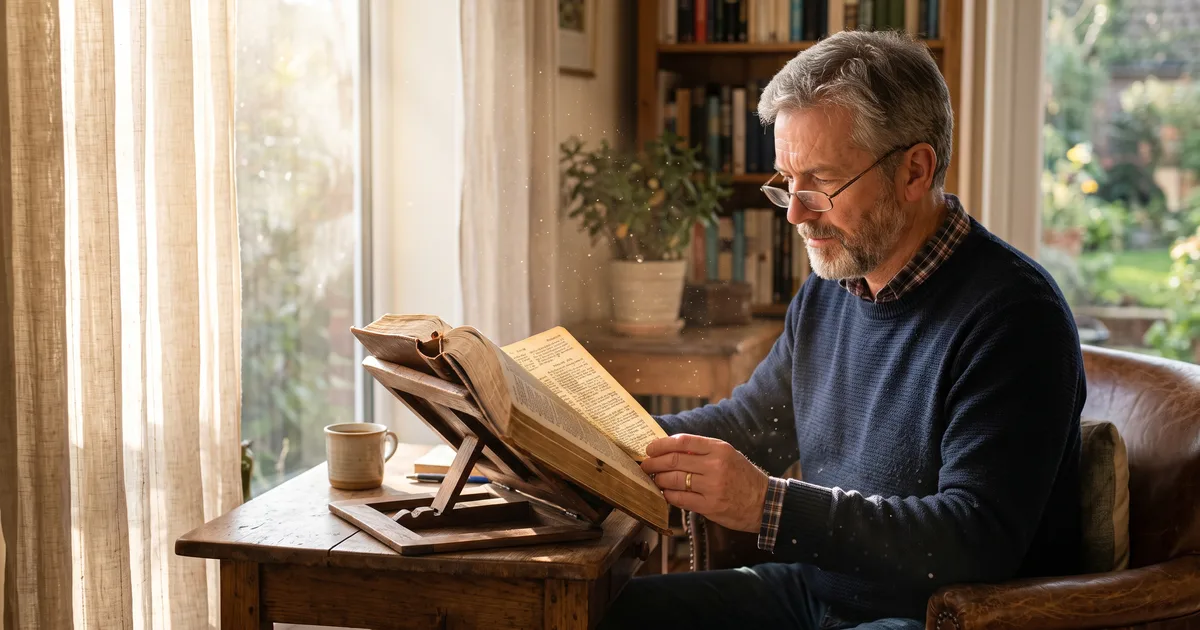 Hombre atril biblia luz sol leyendo la Biblia