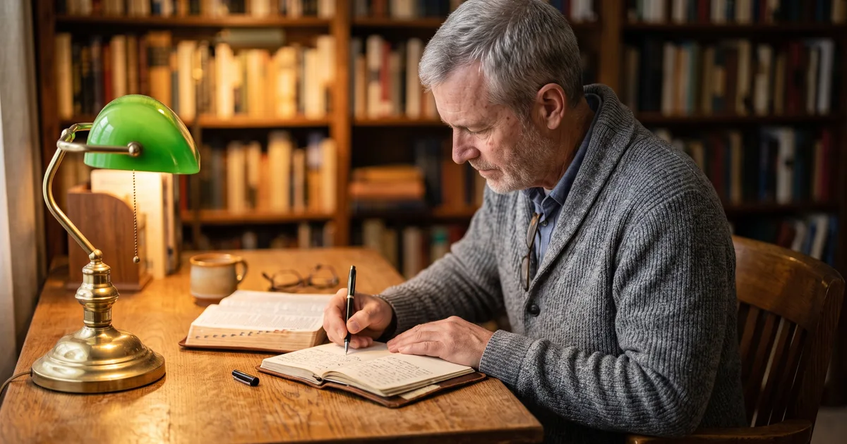 Hombre anotando biblia lampara leyendo la Biblia