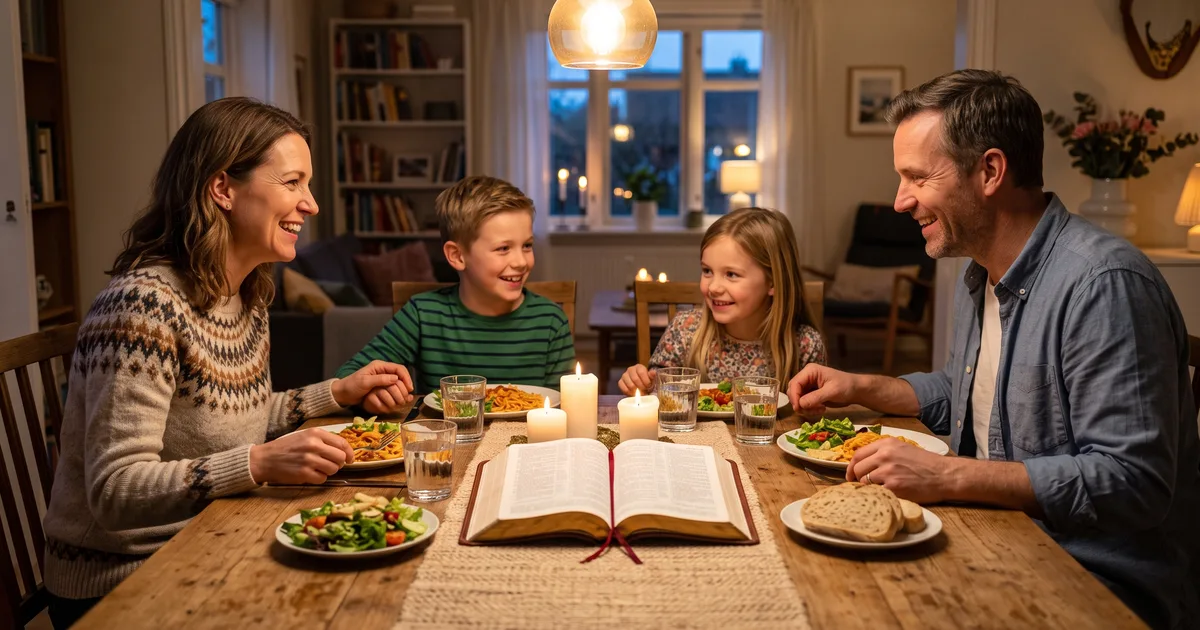 Familia cena leyendo la Biblia