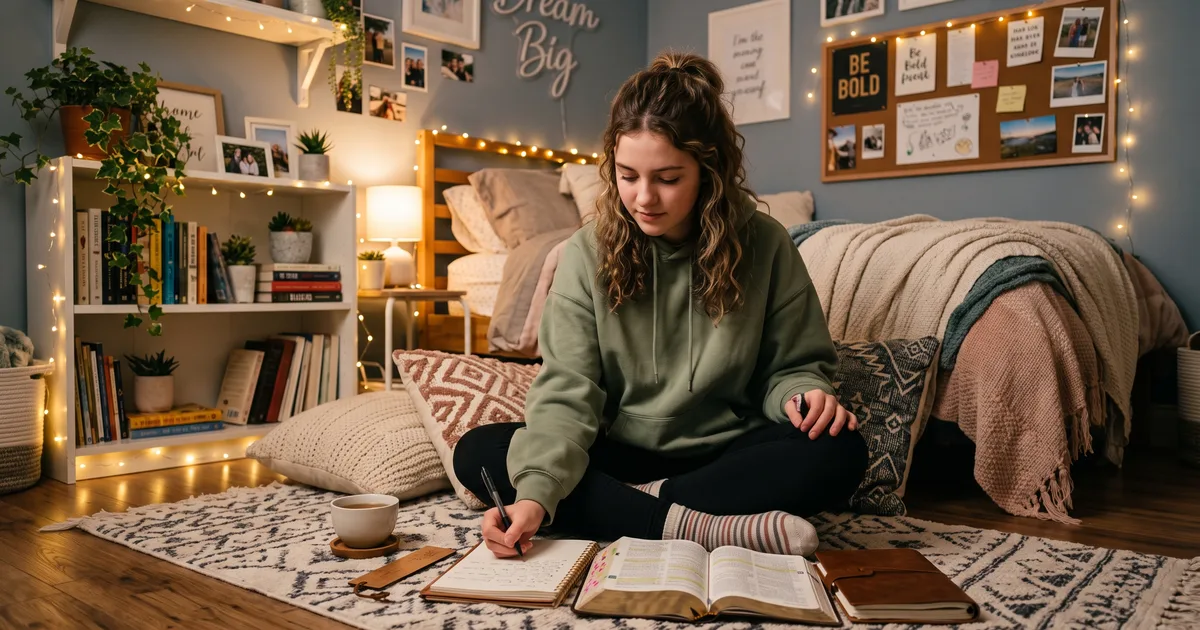 Adolescente cuarto leyendo la Biblia