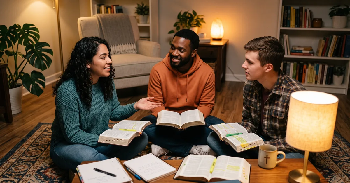Jovenes estudio biblico circulo leyendo la Biblia