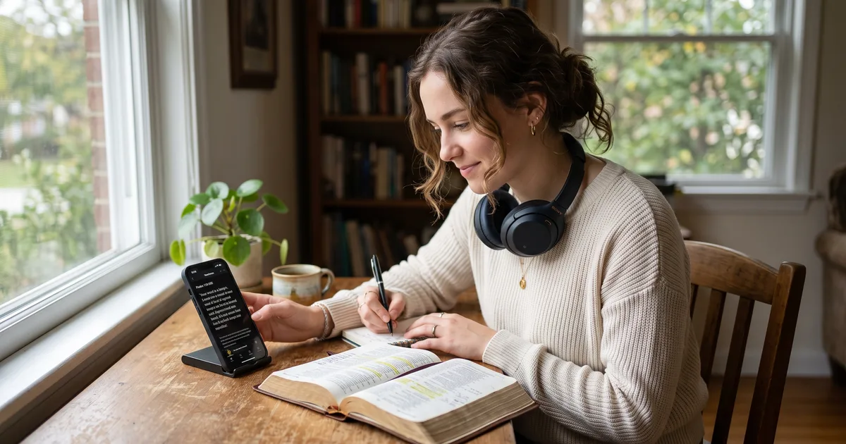 Joven audifonos leyendo la Biblia