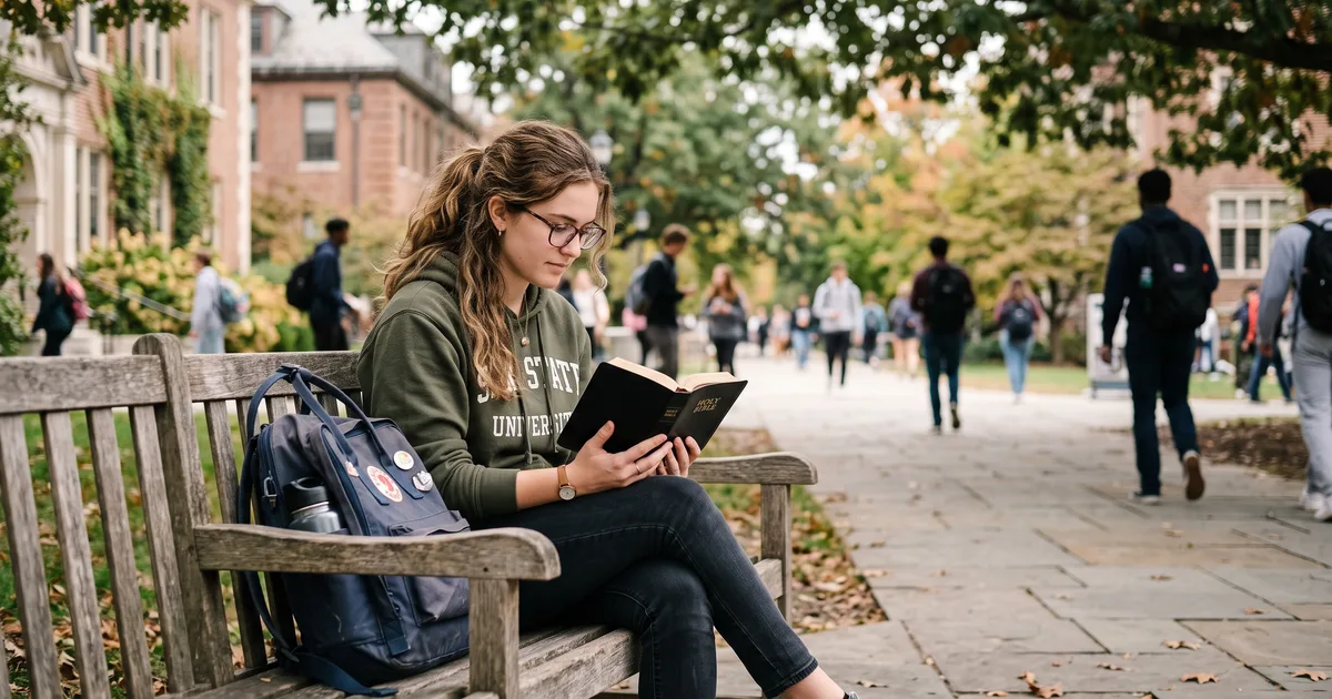 Estudiante campus leyendo la Biblia