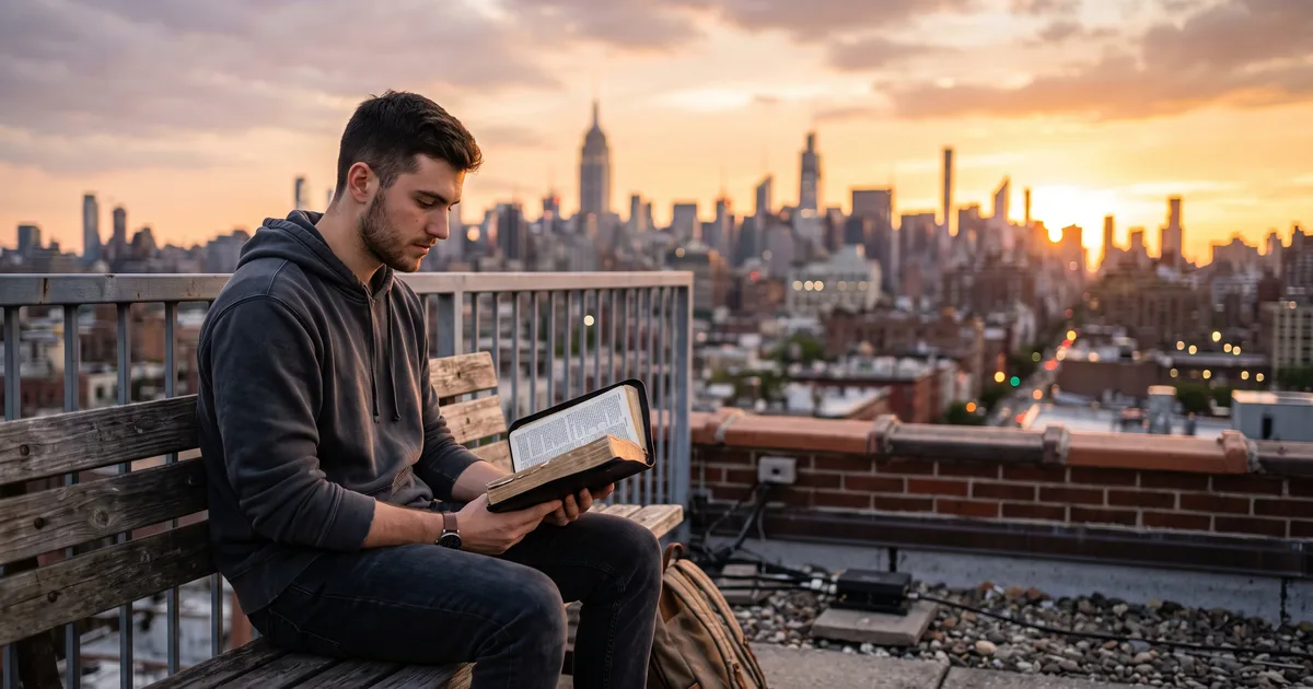 Joven capucha atardecer leyendo la Biblia