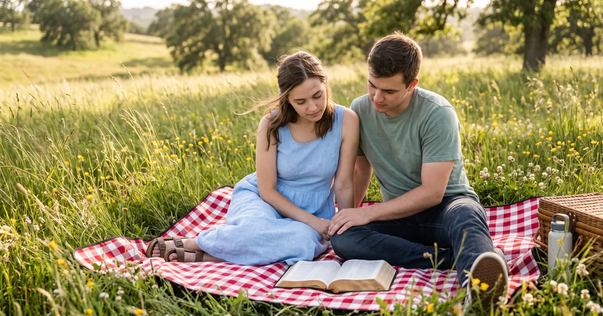 Pareja picnic prado leyendo la Biblia