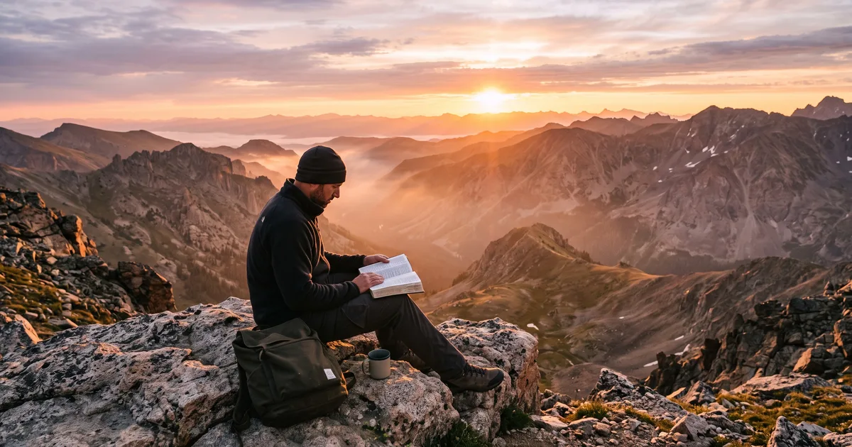 Hombre montana amanecer leyendo la Biblia